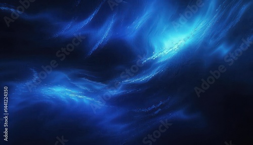 Abstract glowing blue light waves and streaks on a dark background creating a mysterious and flowing energy effect