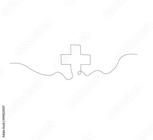 Medical cross continuous line drawing, white background, Line art. Plus sign. Logo icon concept. Vector illustration.