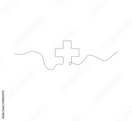 Medical cross continuous line drawing, white background, Line art. Plus sign. Logo icon concept. Vector illustration.