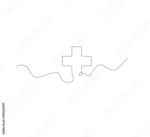 Medical cross continuous line drawing, white background, Line art. Plus sign. Logo icon concept. Vector illustration.