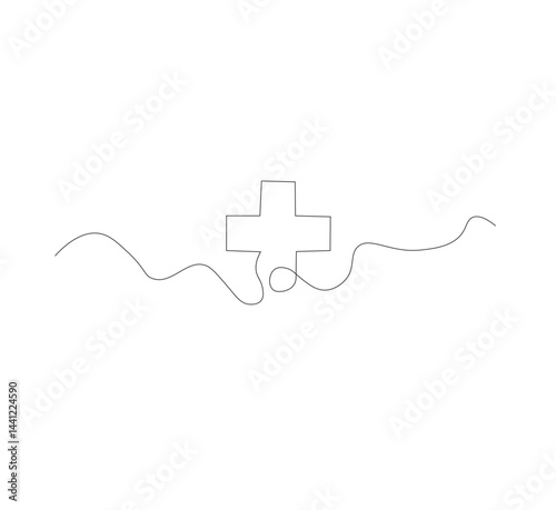 Medical cross continuous line drawing, white background, Line art. Plus sign. Logo icon concept. Vector illustration.