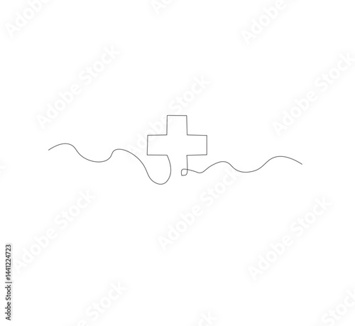 Medical cross continuous line drawing, white background, Line art. Plus sign. Logo icon concept. Vector illustration.