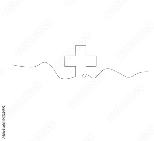 Medical cross continuous line drawing, white background, Line art. Plus sign. Logo icon concept. Vector illustration.