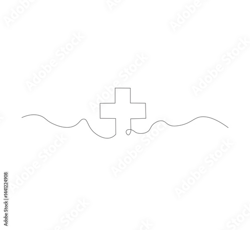 Medical cross continuous line drawing, white background, Line art. Plus sign. Logo icon concept. Vector illustration.