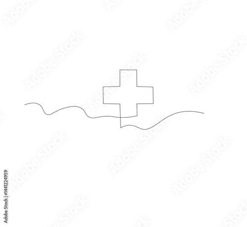 Medical cross continuous line drawing, white background, Line art. Plus sign. Logo icon concept. Vector illustration.