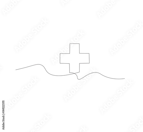 Medical cross continuous line drawing, white background, Line art. Plus sign. Logo icon concept. Vector illustration.