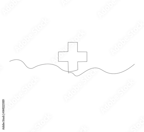 Medical cross continuous line drawing, white background, Line art. Plus sign. Logo icon concept. Vector illustration.