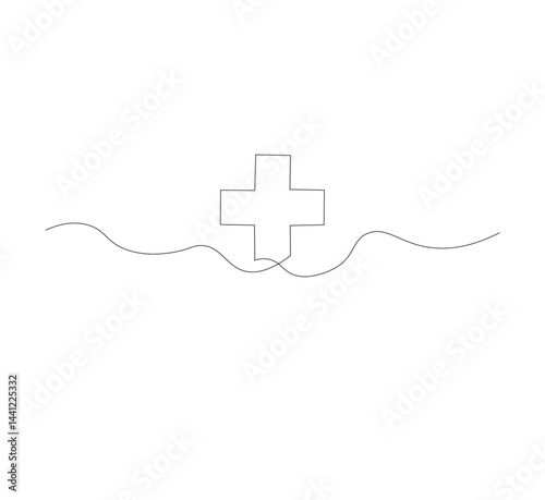 Medical cross continuous line drawing, white background, Line art. Plus sign. Logo icon concept. Vector illustration.