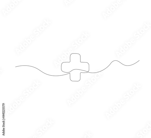 Medical cross continuous line drawing, white background, Line art. Plus sign. Logo icon concept. Vector illustration.