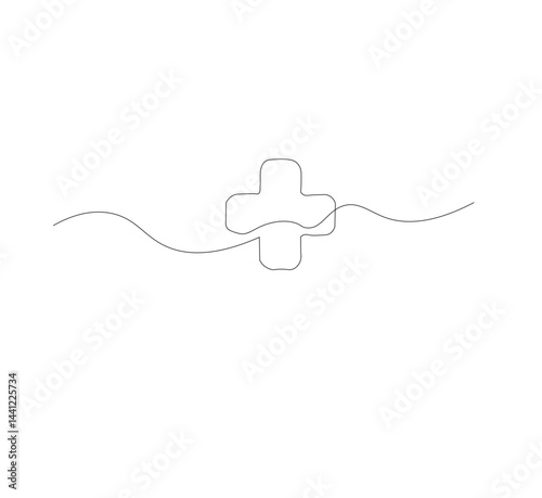 Medical cross continuous line drawing, white background, Line art. Plus sign. Logo icon concept. Vector illustration.