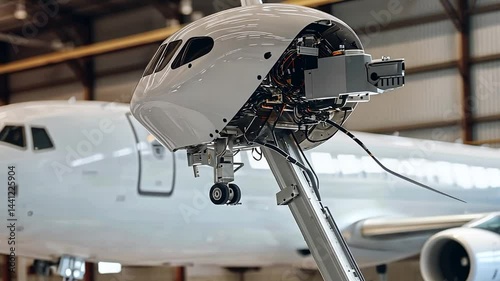 Airplane nose section, maintenance in hangar