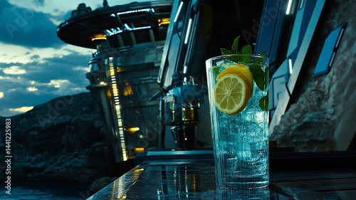 Sunset drink at futuristic bar
