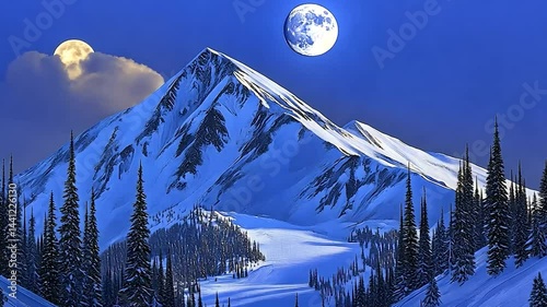 Snowy mountain peaks at night with full moon