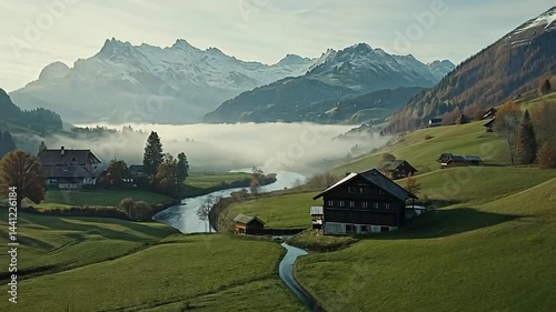 Misty Alpine Valley Farmhouses