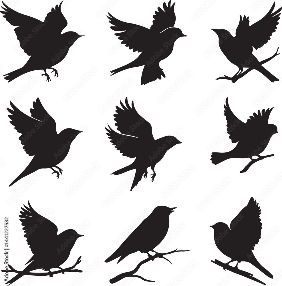 Fototapeta premium A collection of black bird silhouettes in various flying and perched positions, displayed on a white background