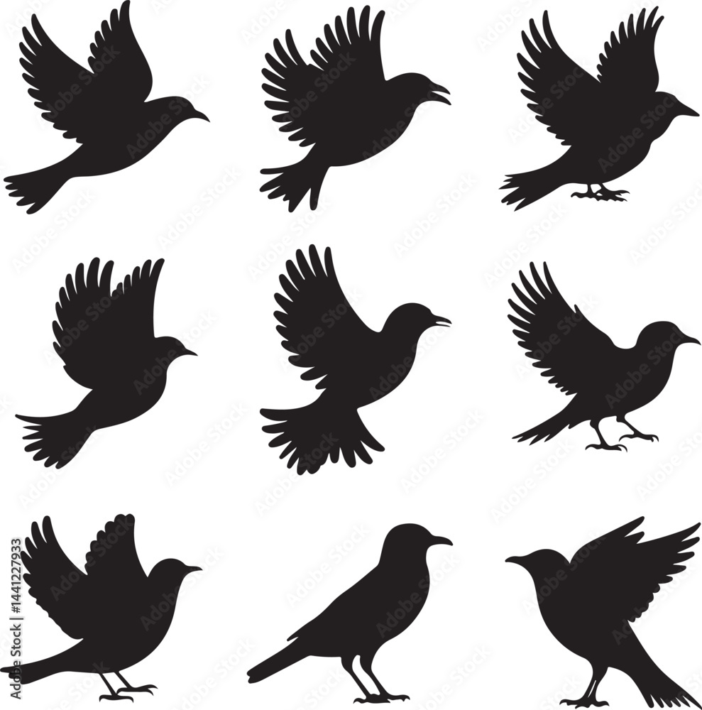 Fototapeta premium A collection of black bird silhouettes in various flying and perched positions, displayed on a white background