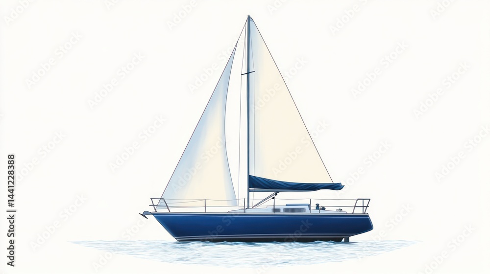 Fototapeta premium Sailing yacht, blue hull, white sail, tranquil water. Possible use Stock photo for boating, sailing, or nautical themes