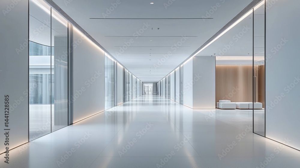 Modern Minimalist Hallway with Sleek Glass Walls and Soft Lighting Modern Minimalist Hallway with Sleek Glass Walls and Soft Lighting
