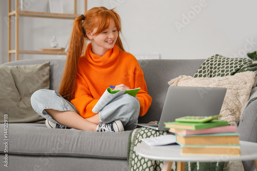 Smiling redhead girl studyi...