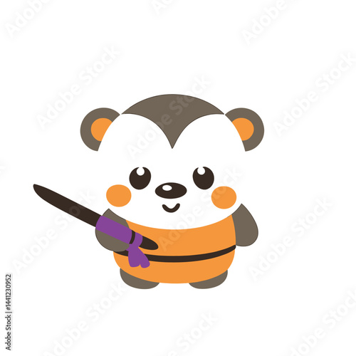 Cute Cartoon Bear Mascot Dressed as Ninja Holding Sword with Purple Wrap, Fun Animal Character Design