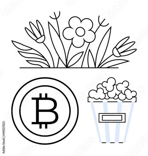 Flowers in bloom, Bitcoin logo within a circle, striped popcorn bucket filled. Ideal for nature, finance, entertainment, digital currency, leisure minimalism modern design. Flat simple metaphor