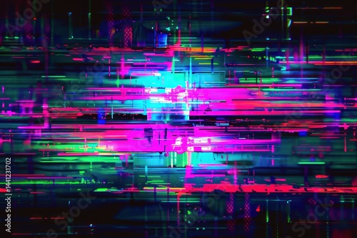 Abstract digital glitch art with horizontal streaks of bright neon colors including pink, blue, green, and purple creating a dynamic and chaotic pattern on a dark background