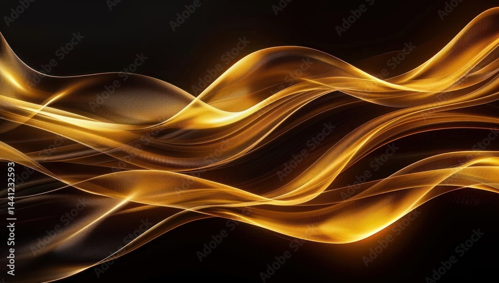 Flowing golden and amber light waves forming smooth, fluid ribbons on a dark background, creating an elegant and dynamic sense of motion and warmth Flowing golden and amber light waves forming smooth, fluid ribbons on a dark background, creating an elegant and dynamic sense of motion and warmth