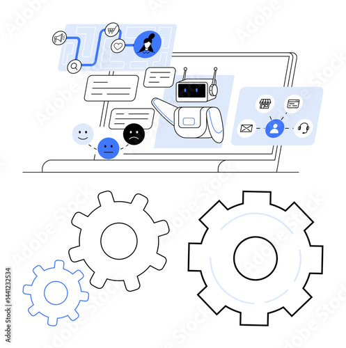 Robot interacting on a laptop screen with dialogues, emotions, tools, and cogs. Ideal for AI, automation, chatbot, tech support, workflow customer experience simple landing page