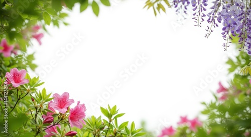 春の花のつつじと藤の水彩画イラスト