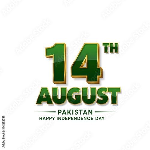 Celebrate Pakistan's Independence Day on 14th August with this vibrant and patriotic design featuring bold green and gold text, perfect for commemorative events.