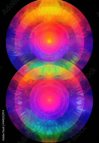 vibrant symmetrical overlapping circles with glowing concentric layers in bright pink, orange, blue, green, and purple on black background, evoking energy and harmony