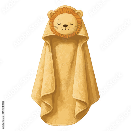 Baby Hooded Towel Vector – Lion Theme, Golden Beige Terrycloth, Realistic Isolated