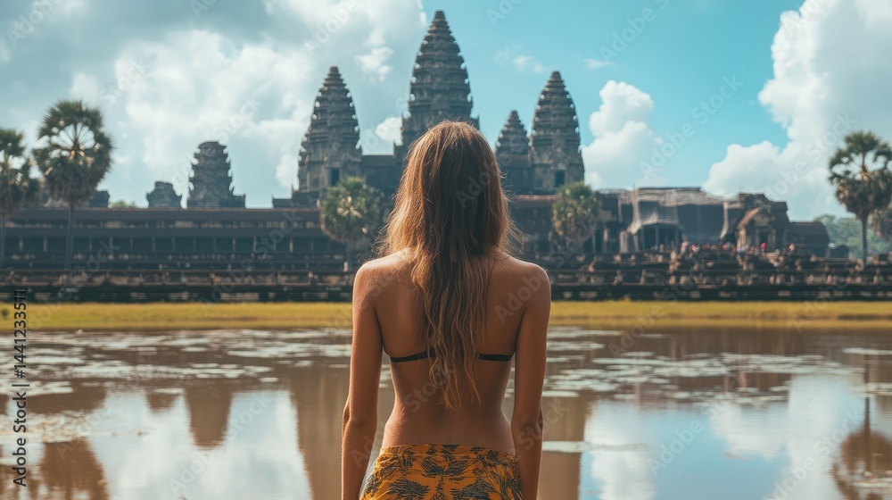 Contemplative journey, young woman observing the majestic Angkor Wat temple