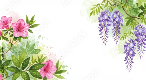 美しいつつじと藤の花のイラスト