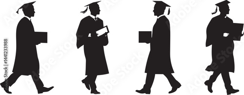 Silhouette Graduates Walking with Diplomas Graduation Ceremony Vector Icon Set. Graduates in Cap and Gown Walking Icon Set