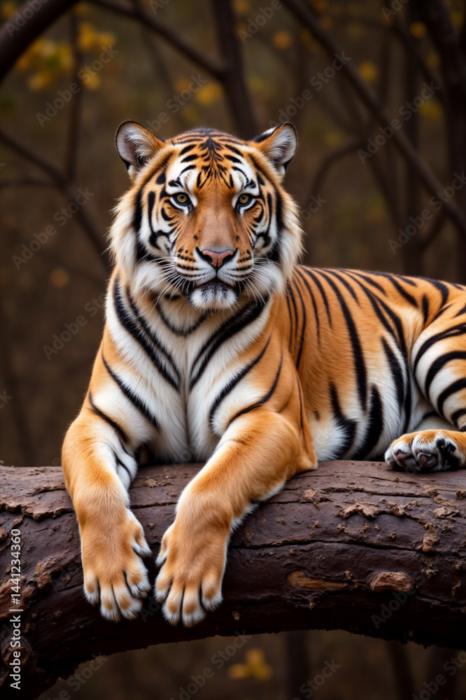 Obraz premium a tiger resting on a tree branch with a blurred forest background. The tiger has its paws extended in front, and the scene conveys a sense of calm and majesty.