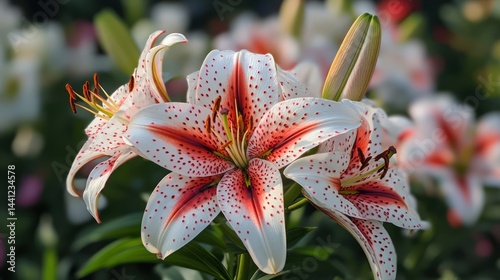 Obraz na płótnie Delicate beauty: Close-up of stargazer lilies in full bloom with vibrant hues w salonie