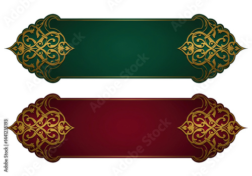 Elegant vintage labels set with ornate gold filigree borders, blank green and red backgrounds, classic decorative frames for invitations.