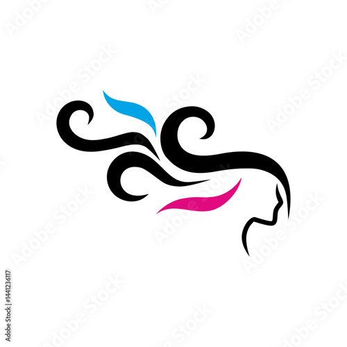 Stylized silhouette of a woman's profile with flowing hair and vibrant colors representing beauty and style