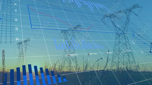 Power transmission towers being animated at sunset, with 3D grid overlay and blue data charts