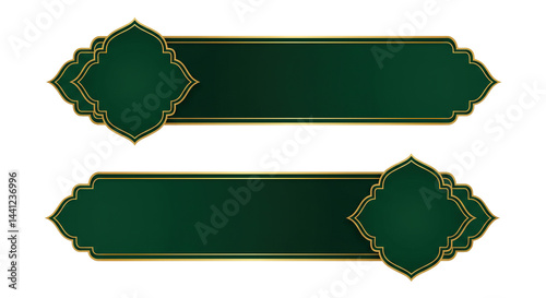 Elegant green and gold decorative banners featuring intricate geometric patterns, perfect for luxury invitations, ornate announcements, Islamic celebrations, and premium branding, with a sophisticated