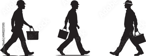Silhouette Workers Walking with Tools Construction Vector Icon Set