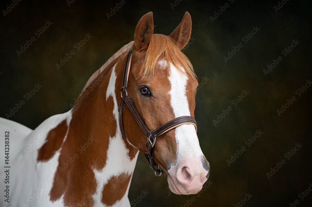 Naklejka premium portrait of a pinto horse on a painterly green backdrop