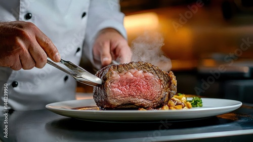 Prime rib plated professionally on white dish with seared exterior and pink center being served by chef with silver tongs in upscale restaurant kitchen