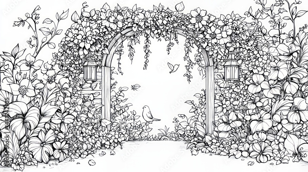 Obraz premium Intricate Floral Archway Coloring Page for Relaxation and Creativity