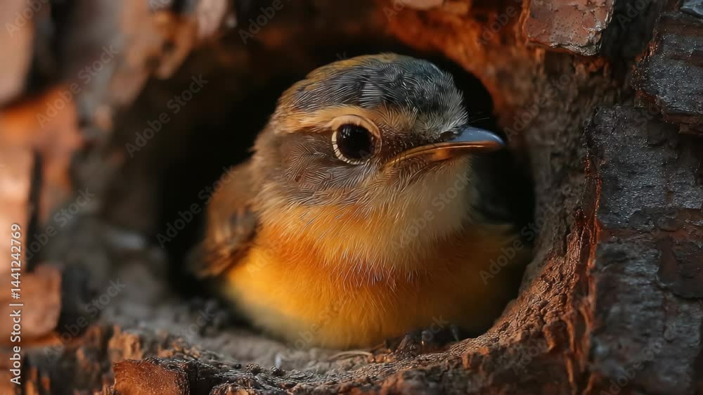 Small bird, perched inside the hole of a tree trunk, displaying brown, orange, white and grey feathers and a pointy beak, looking forward.