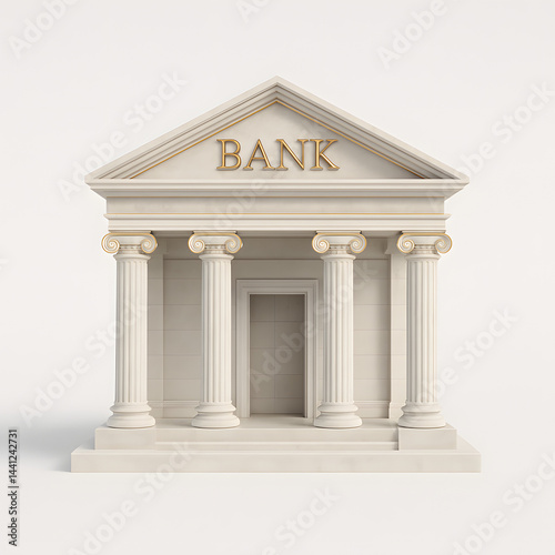 Miniature symbolic bank building — minimalist 3D icon of finance and traditional economy on white background