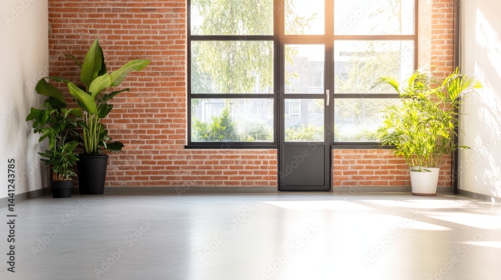Fototapeta premium Empty modern loft space with large windows, sunlit