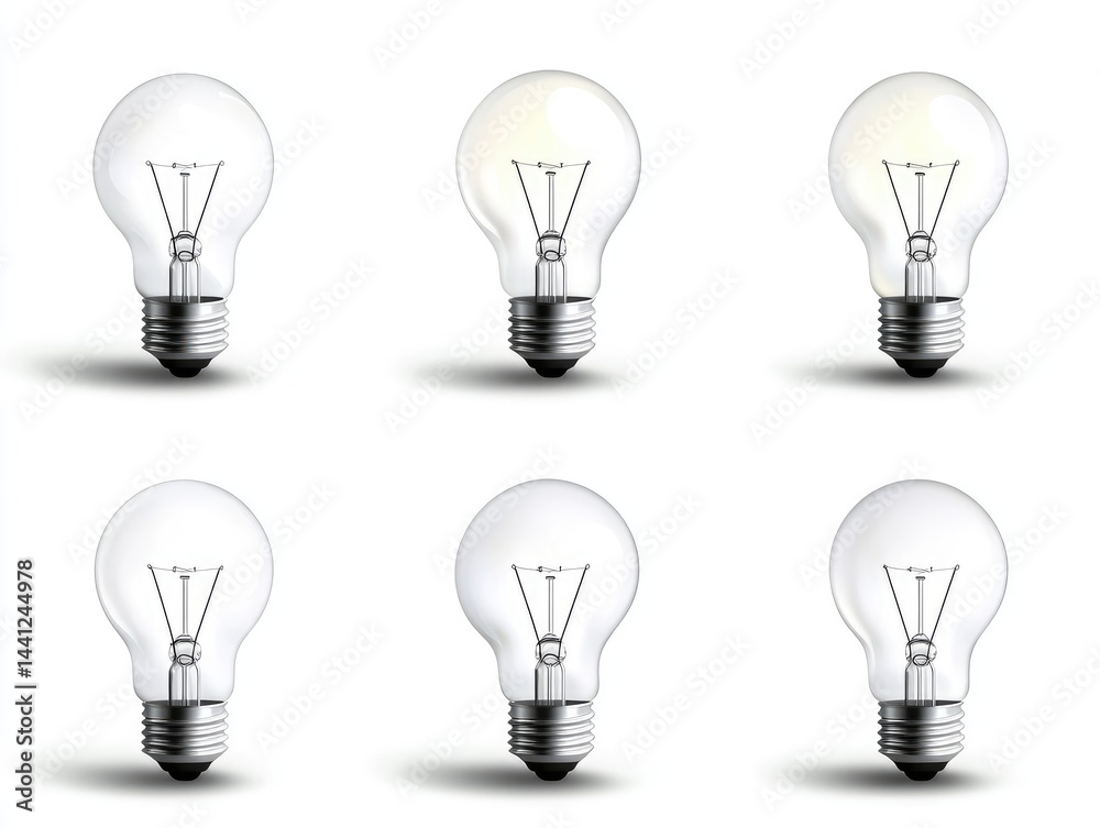 Realistic illustration of incandescent light bulbs, showing variations in light output Realistic illustration of incandescent light bulbs, showing variations in light output