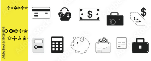 Illustration of various financial icons including credit card and piggy bank and money related items